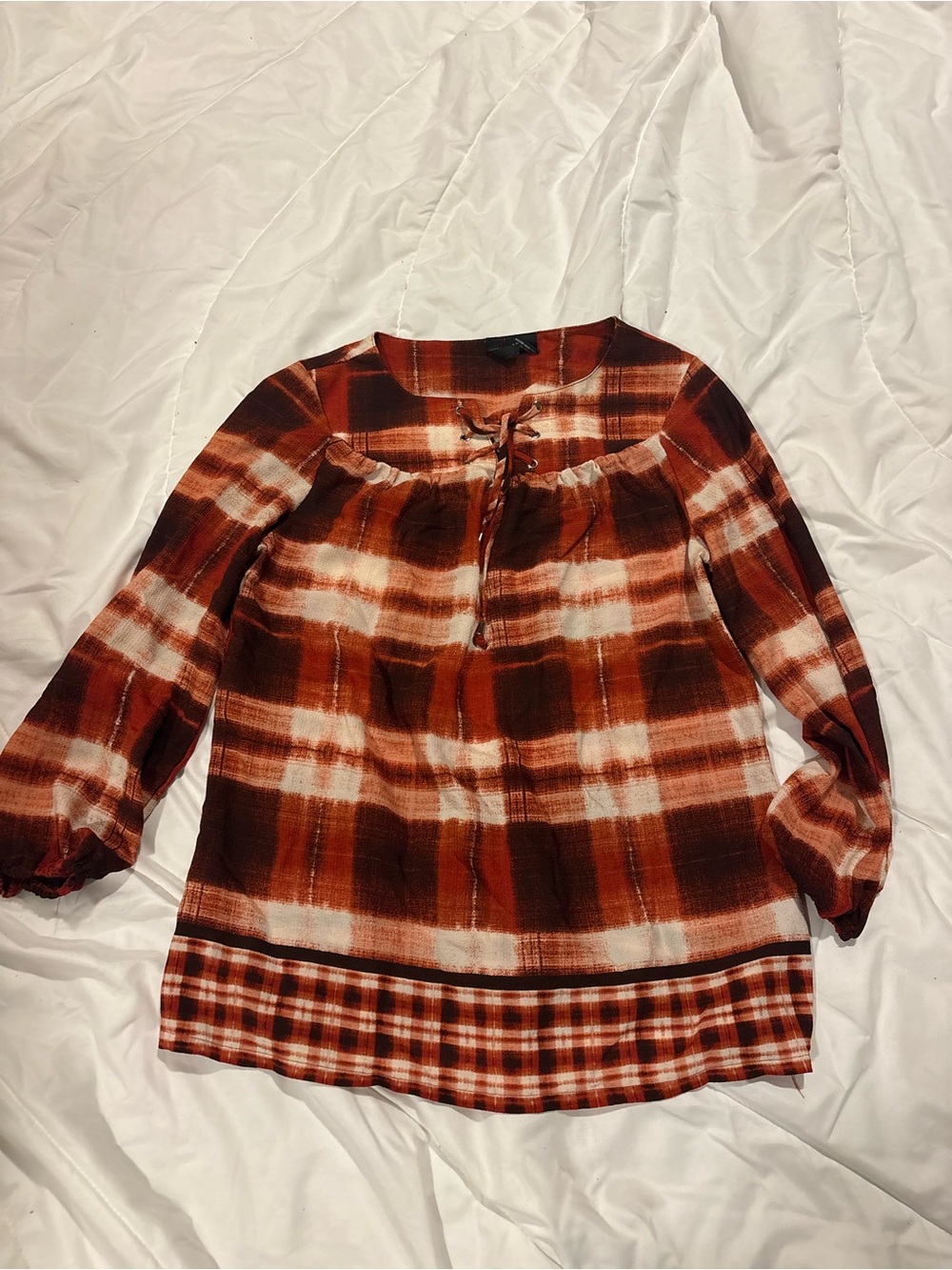 new directions Rust Plaid Tie-Front Peasant Top size medium